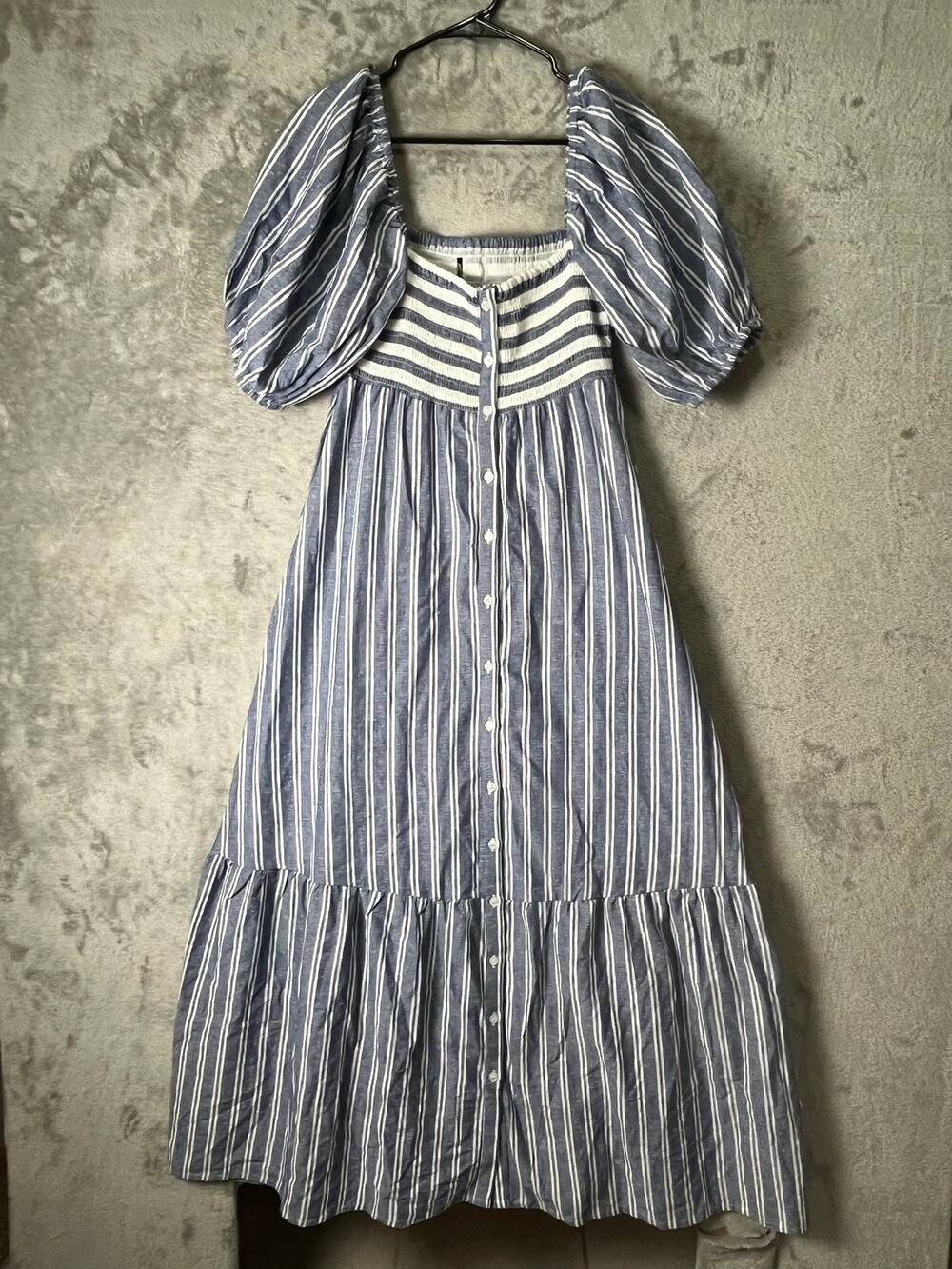 Emerson Fry‎ x Love Tomas Striped Smocked Cotton Maxi Dress Puff Sleeve XS/S